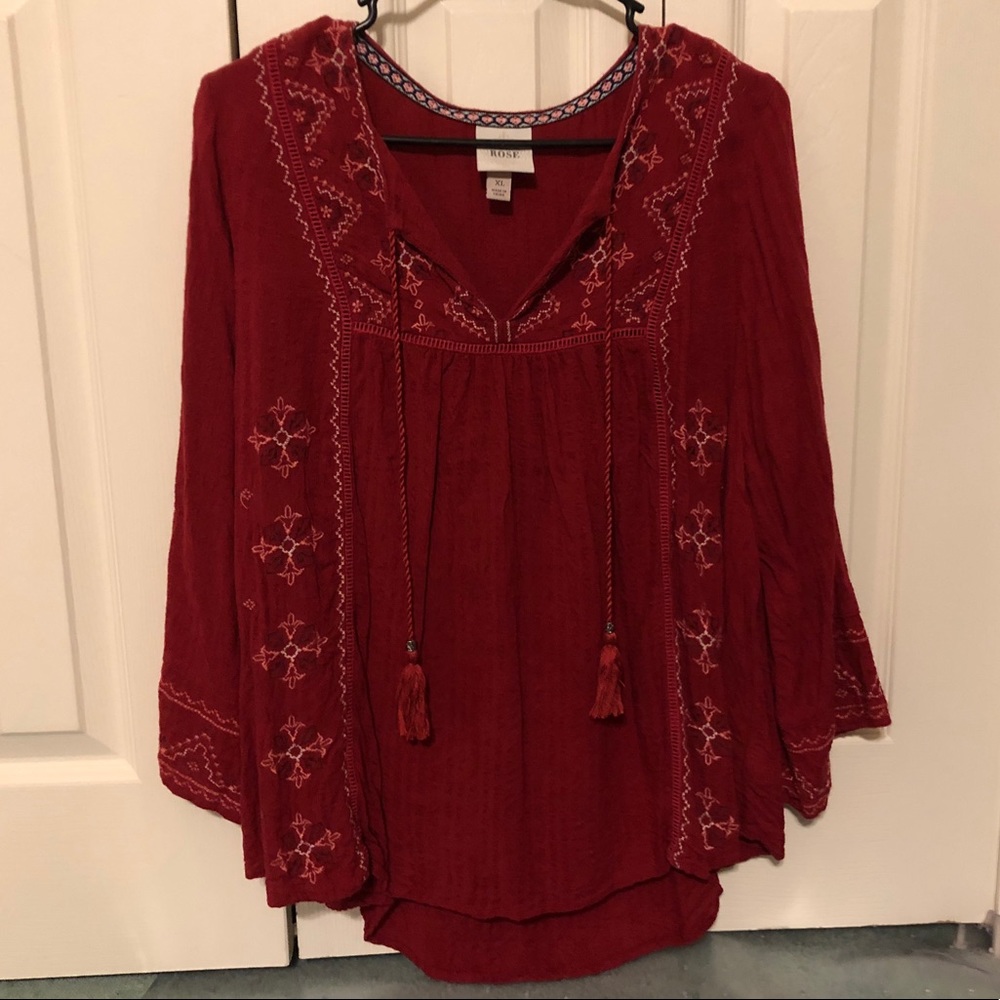 Red Bohemian Top with Tassels and Embroidery